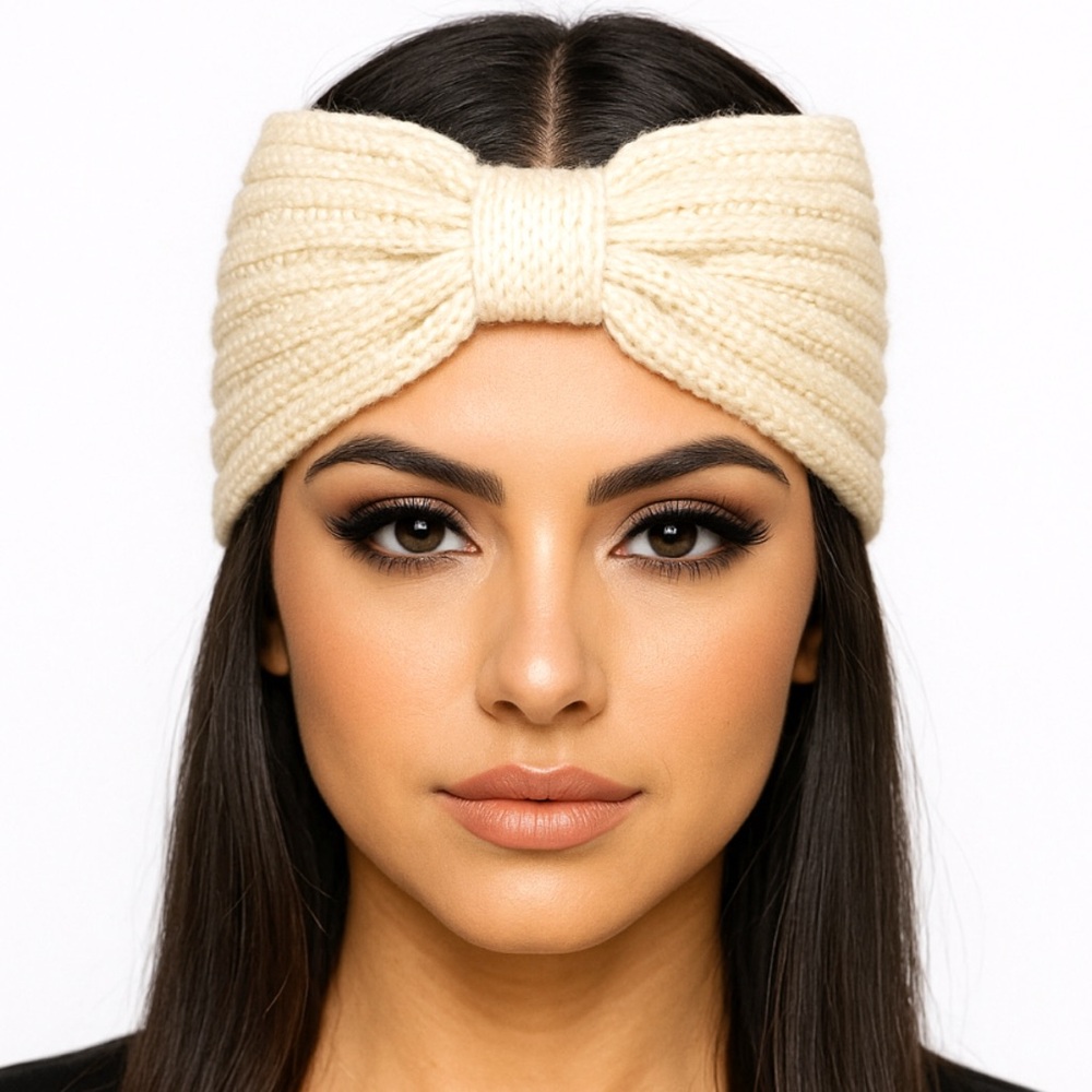 Cream Chunky Knit Bow Headband | Winter Ear Warmer | Turban Cable Knit Headwrap
